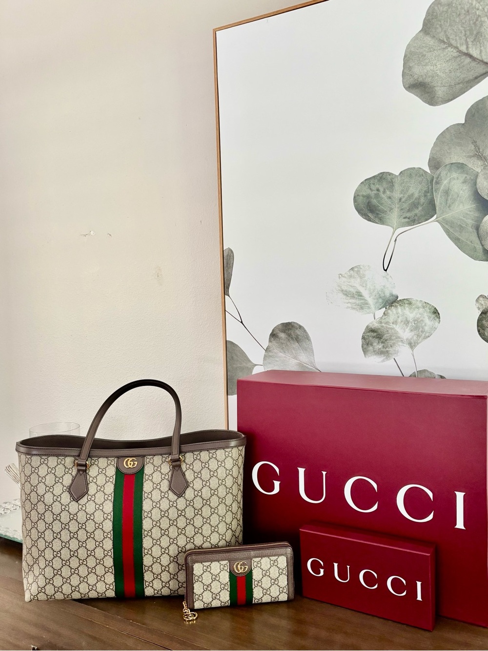 Gucci Brown & Beige GG Supreme Tote with Green-Red Web Stripe with wallet